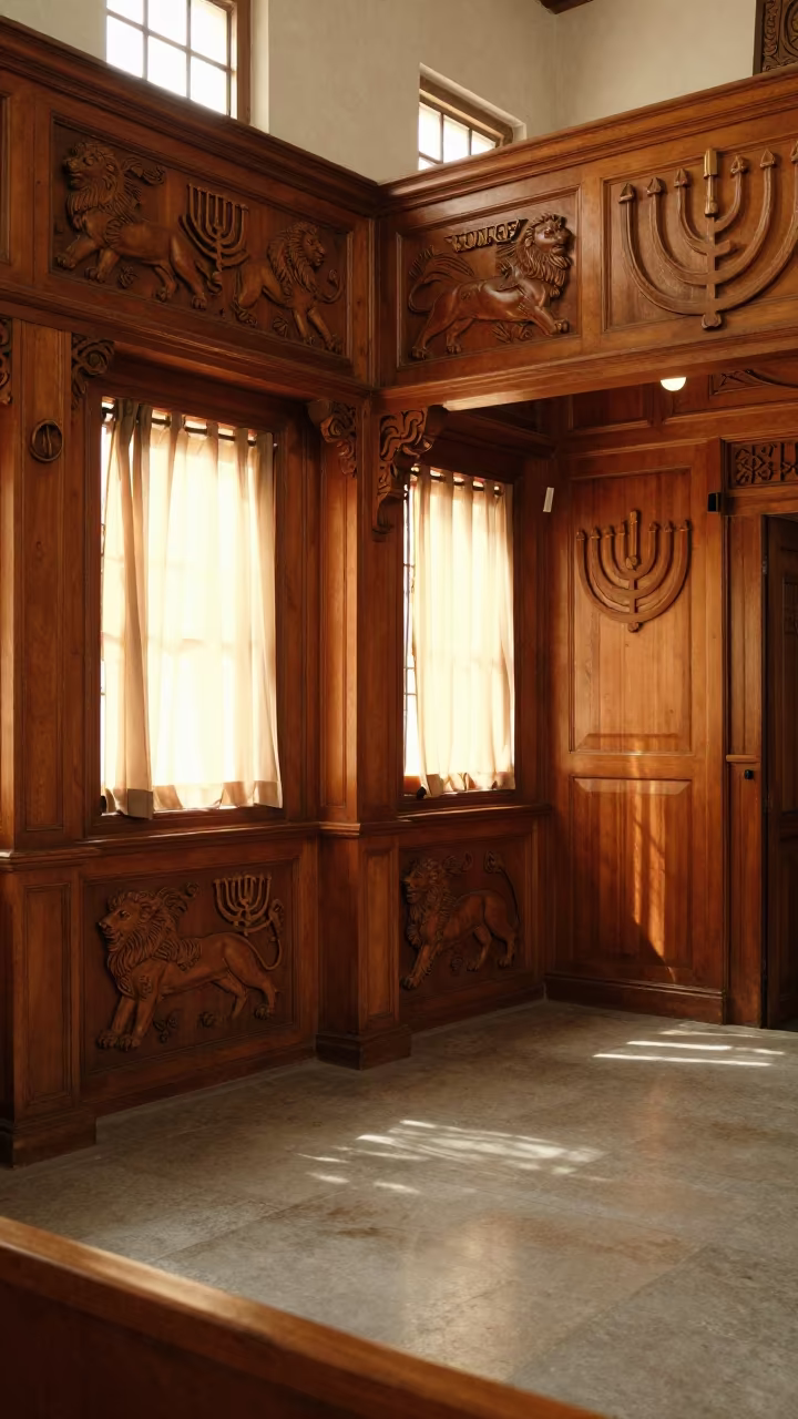 Wooden Synagogue Interior Lions Menorahs Navi Mumbai in inside a timber synagogue hall in Navi Mumbai