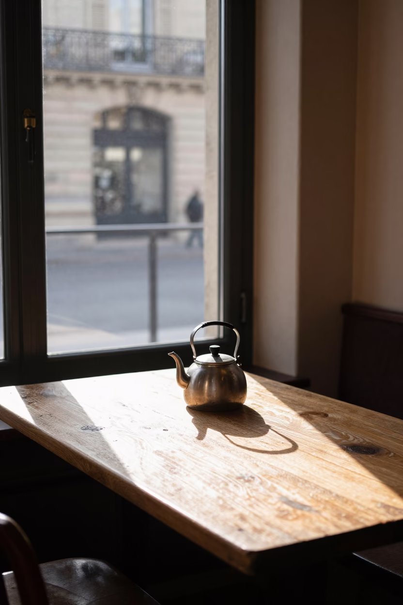 Wooden Table in Paris at The Late Morning Light in in Paris, France