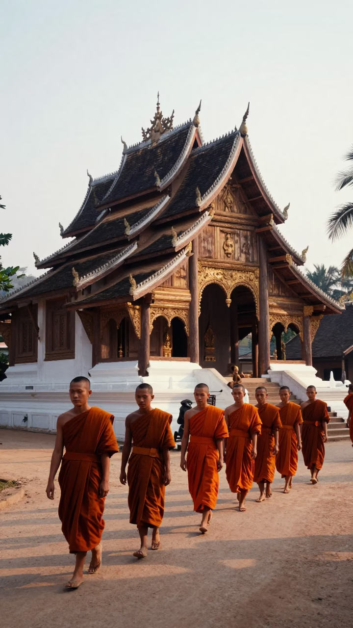 Wooden Temple in Luang Prabang at First Light Of Dawn in in Luang Prabang, Laos