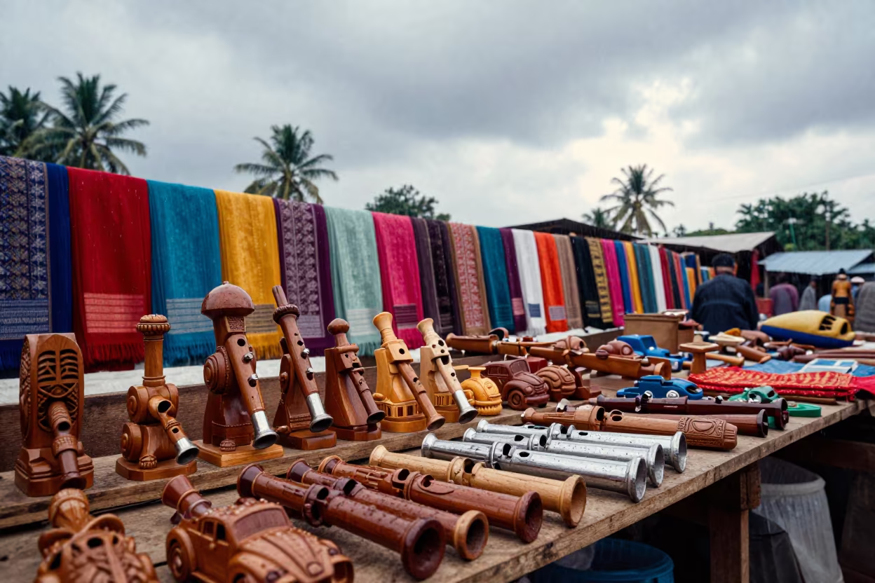 Wooden Toys and Tin Whistles at Aurangabad Market Stall in at a textile trader's stall in Aurangabad