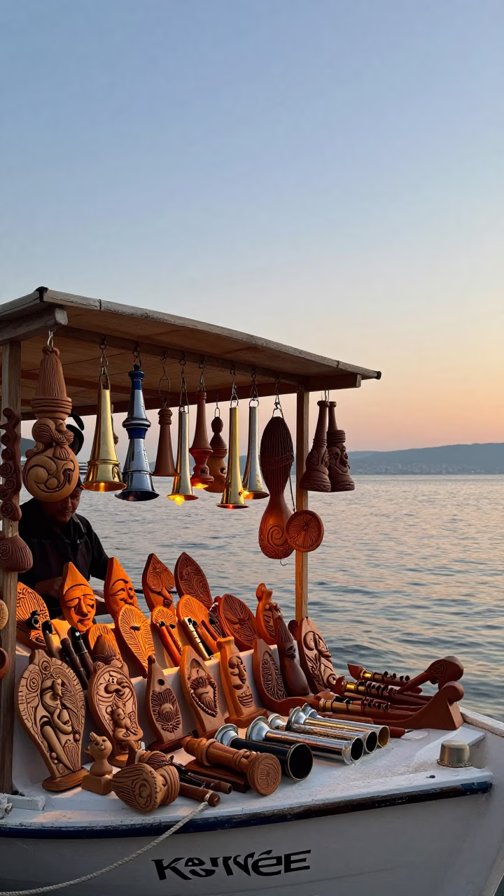 Wooden Toys and Tin Whistles at Bandırma Floating Market in at a floating market boat in Bandırma