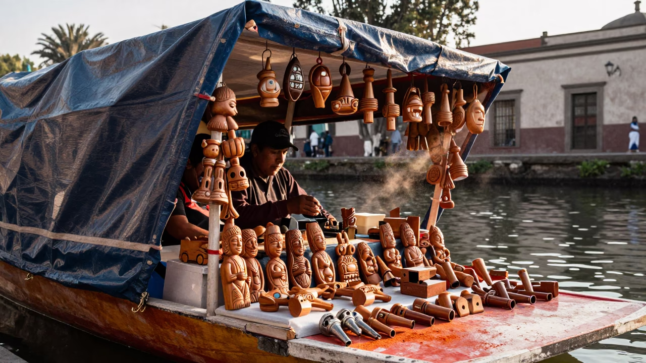 Wooden Toys Whistles Mexico City Dawn in at a floating market boat in Centro Historico, Mexico City