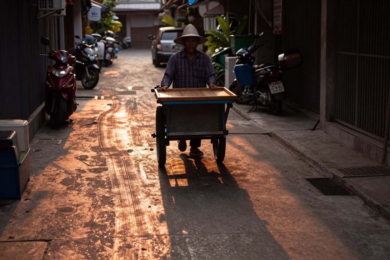 Wooden Tray in Bangkok at Copper-toned Light Before Dusk in in Bangkok, Thailand