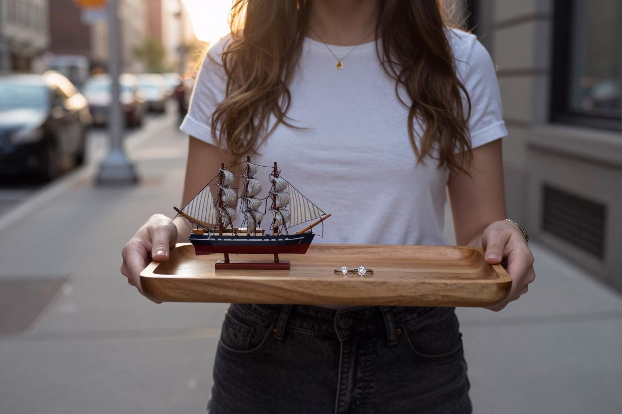 Wooden Tray just after sunrise in New York in in New York, New York, United States