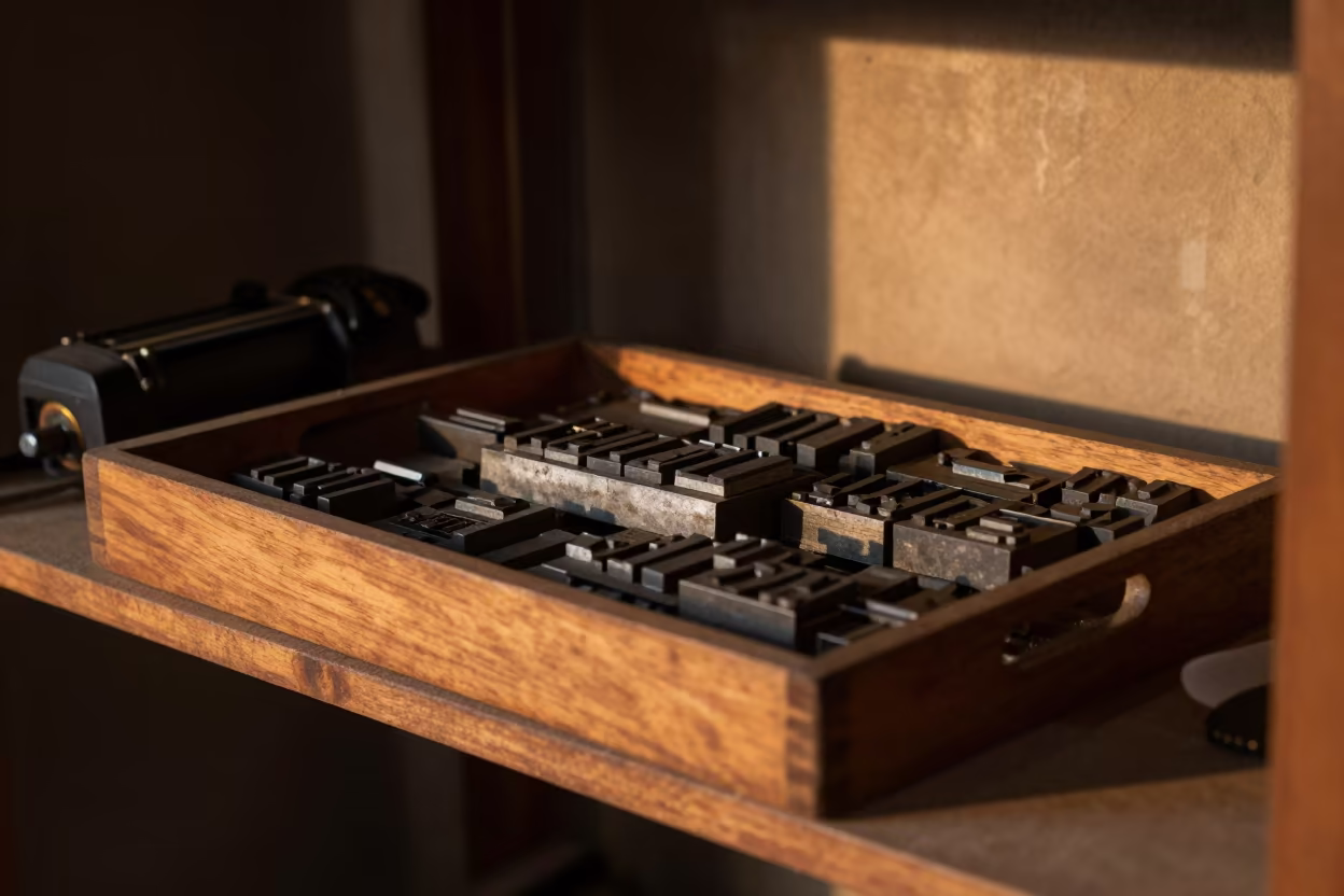 Wooden Type Blocks in Bamako Compositor Tray in on a workshop shelf in Bamako