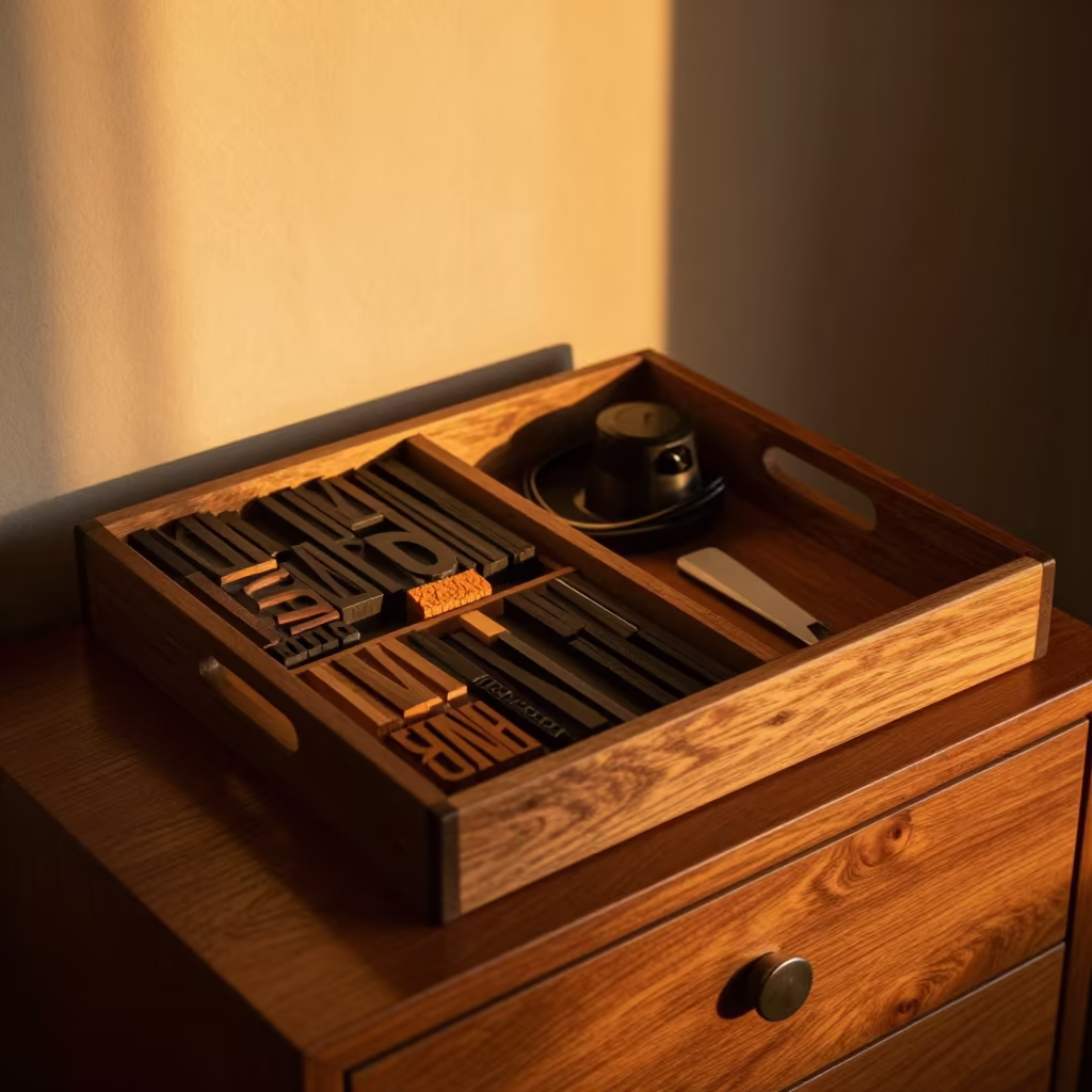 Wooden Type Blocks in Honeyed Evening Light in on a hotel dresser near São Paulo