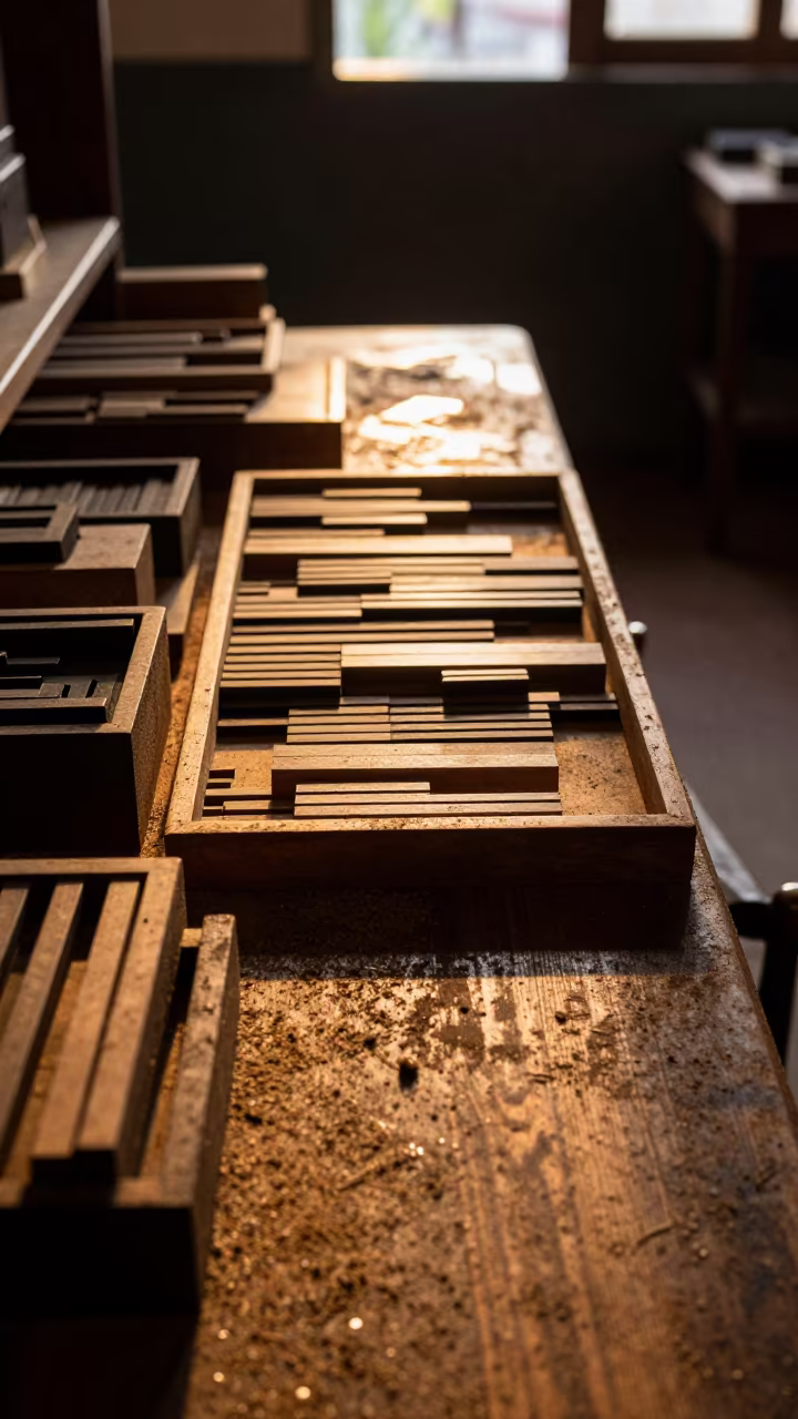 Wooden Type Blocks in Library Tray Near Mbale in on a dusty library table near Mbale