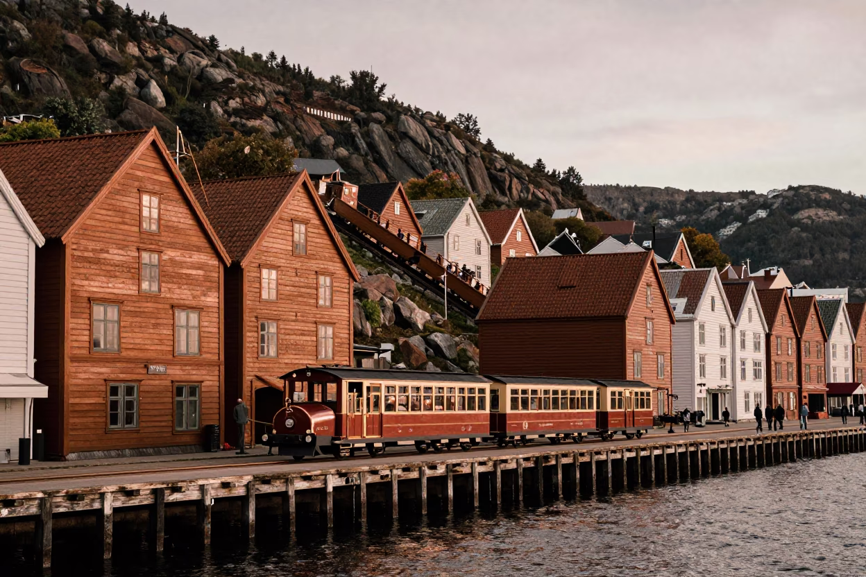 Wooden Wharf And Narrow Gauge Fløibanen Train in Bergen in in Bergen, Norway