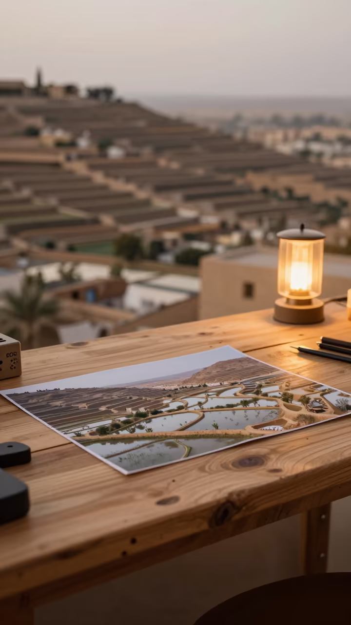 Wooden Workbench Reflecting Terraced Paddies at Dawn in on a wooden workbench in Jeddah