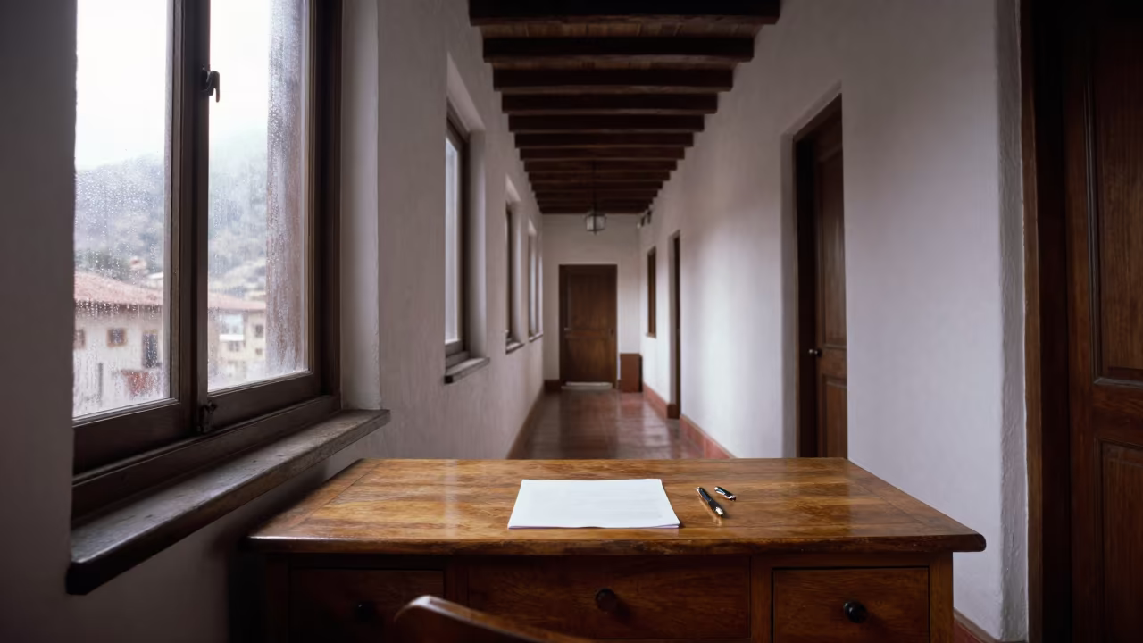 Wooden Writing Desk La Paz Inn Corridor in in a quiet guest corridor in Calle Jaen, La Paz