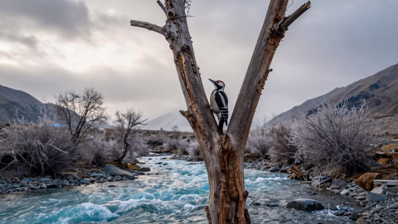 Woodpecker on Dead Tree Above Glacial Stream Tajikistan in above a glacial stream in Tajikistan