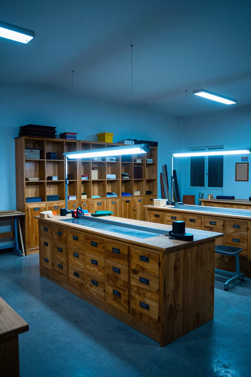 Woodshop Cabinet with Chalk Labels in Haikou Class in inside a quiet classroom near Haikou