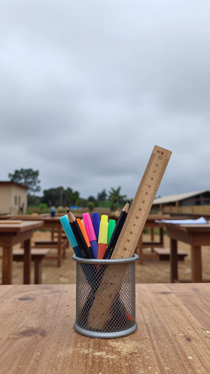 Woodshop Carrel with Highlighters and Rulers in in a woodshop classroom in Akure