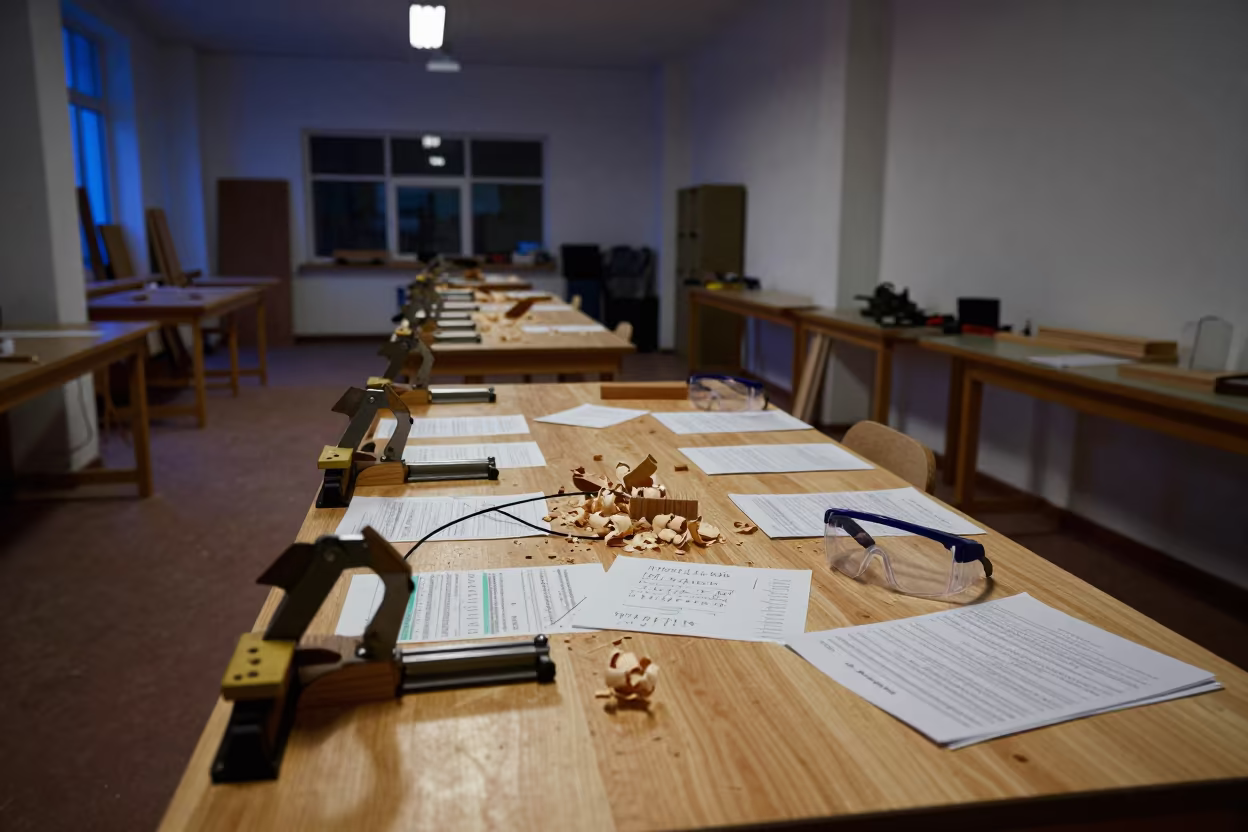 Woodshop Clamps and Goggles in Baghdad Night in at a seminar table covered in notes in Baghdad