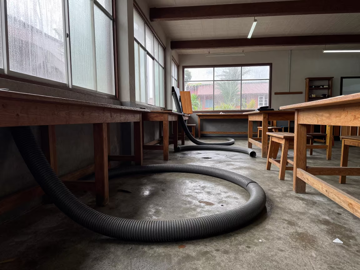 Woodshop Hose Snaking Across Classroom Floor in inside a quiet classroom near Centro Historico, Quito