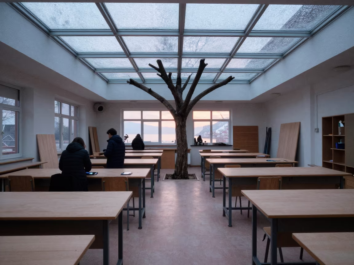 Woodshop Lecture Hall Early Winter Dawn in in a woodshop classroom in Alanya