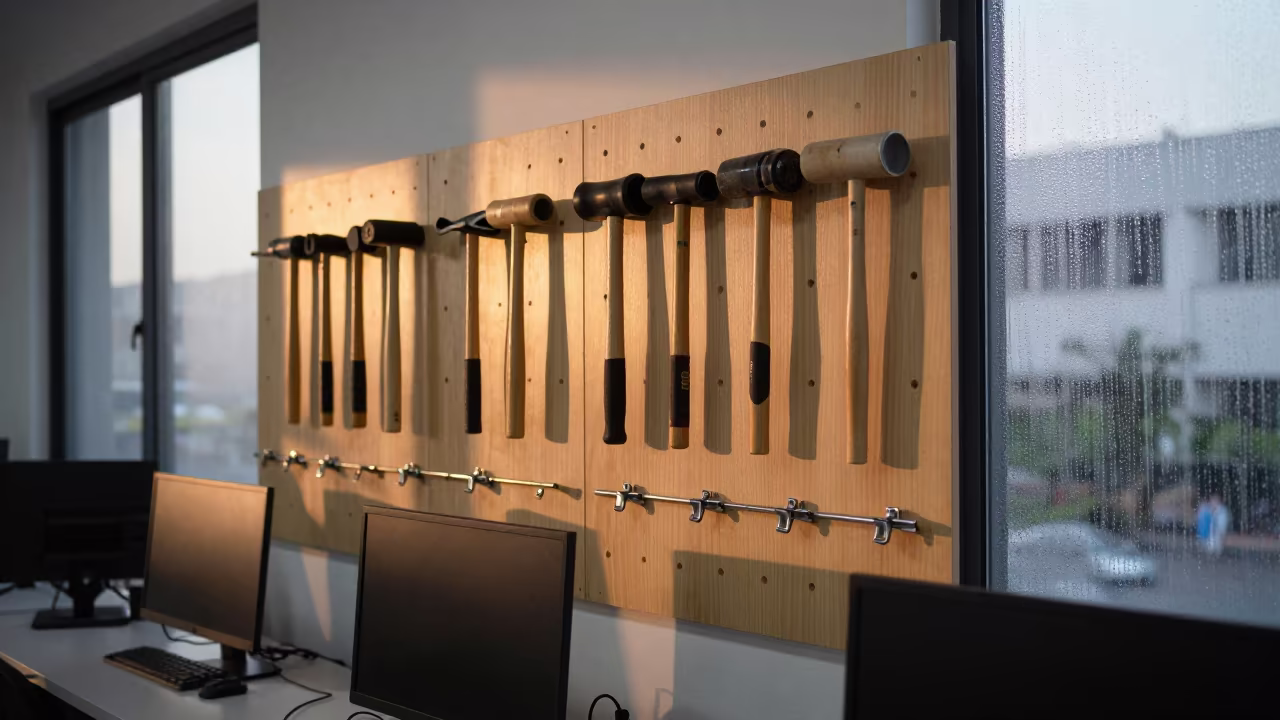Woodshop Pegboard in Ho Chi Minh City Evening Light in in a computer lab before lessons in District 4, Ho Chi Minh City