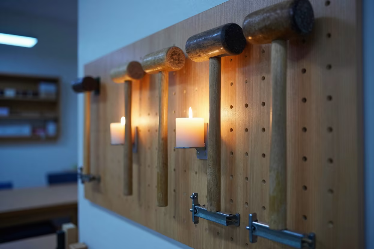 Woodshop Pegboard with Tools in Candlelight in in a woodshop classroom near Singapore