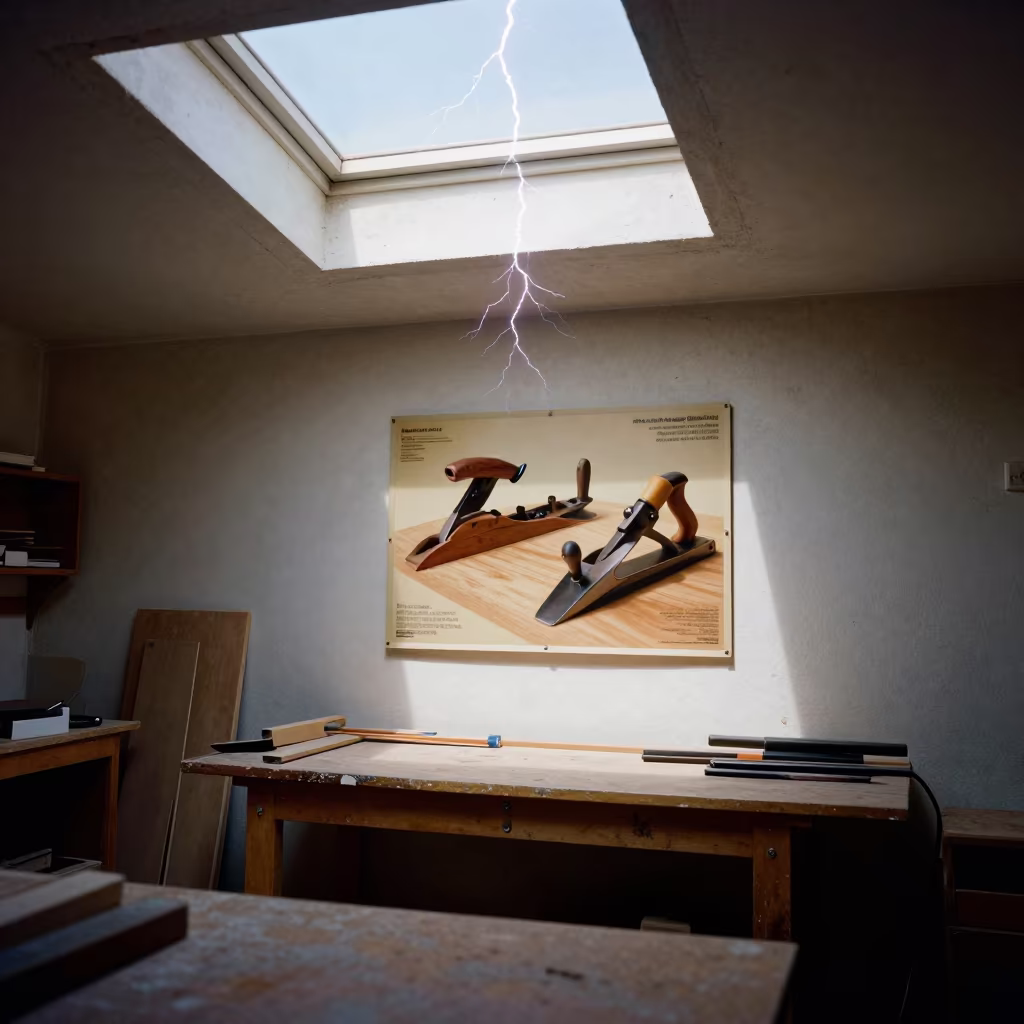 Woodshop Poster with Frozen Lightning Strike in inside an art classroom near Damascus