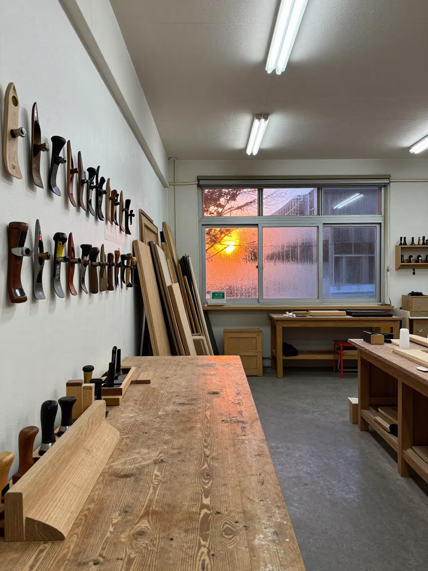 Woodshop Poster Hand Planes Over Workbench in in a woodshop classroom in Incheon