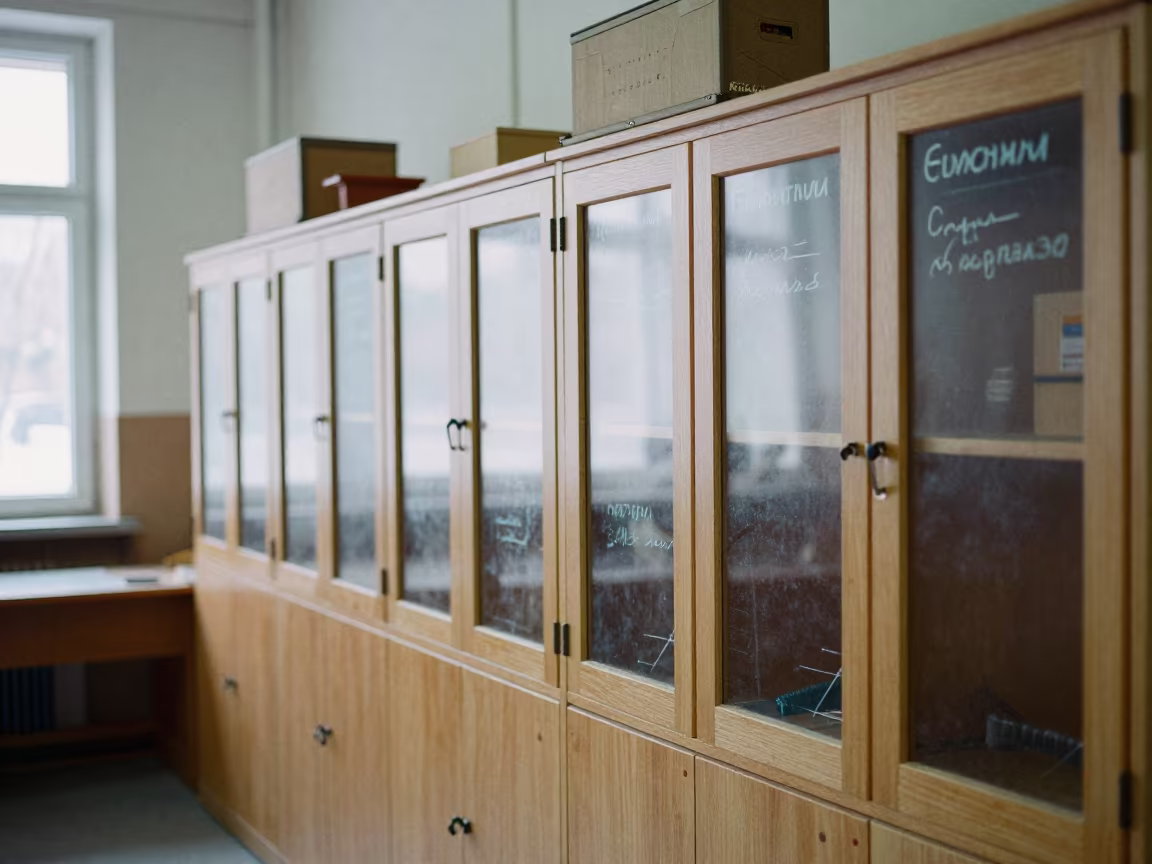 Woodshop Saw Blade Cabinet Chalk Labels in in a woodshop classroom in Yekaterinburg