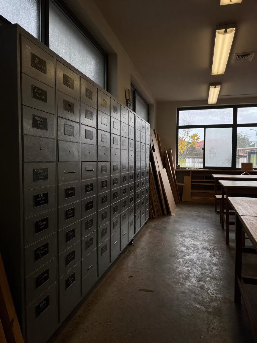 Woodshop Class Saw Cabinet with Chalk Labels in in a woodshop classroom in Villa Canales