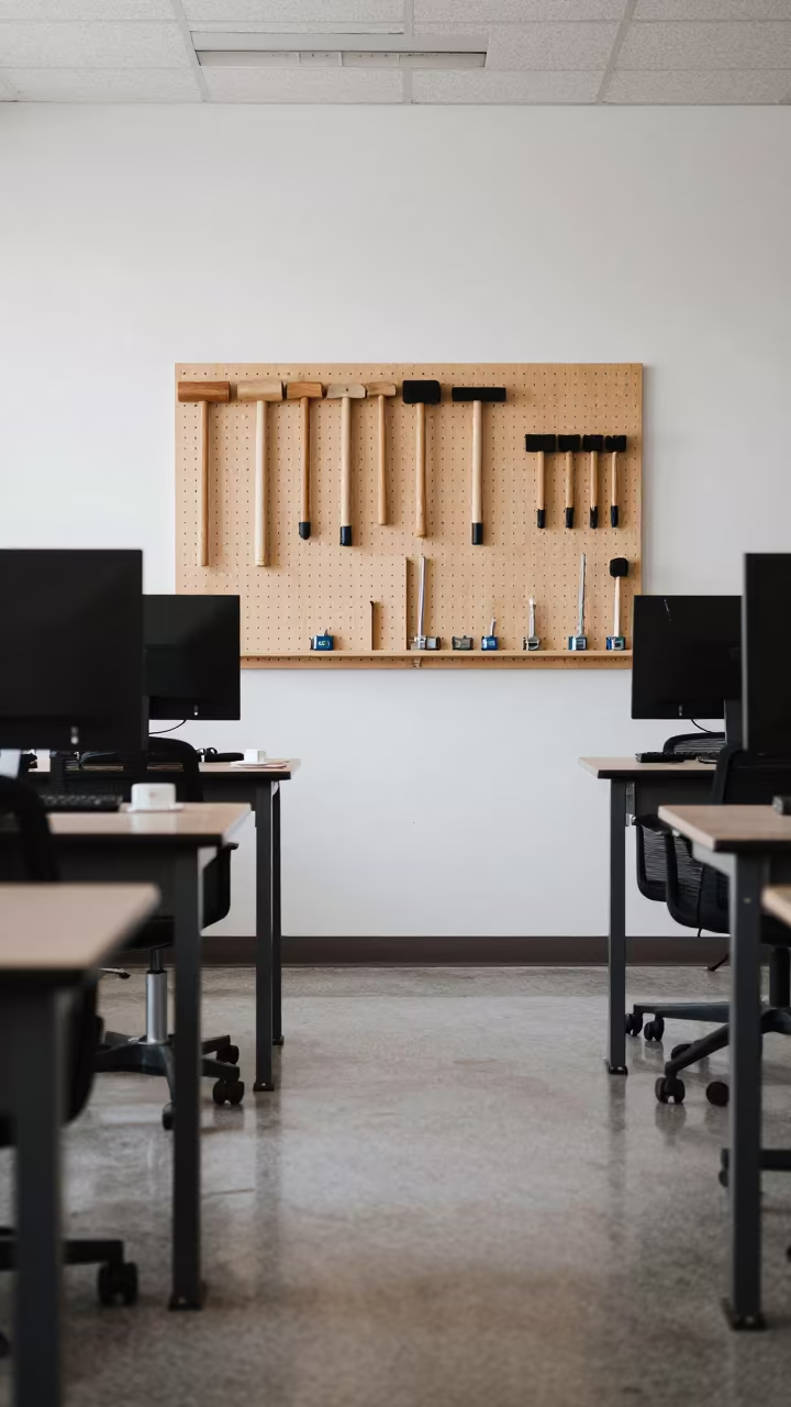 Woodshop Tools Pegboard in Beed Classroom in in a computer lab before lessons in Beed