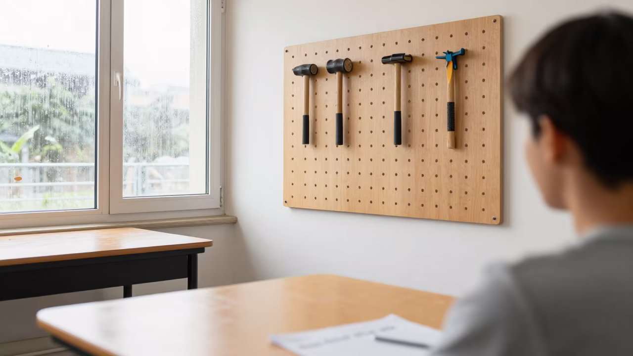 Woodshop Tools on Pegboard in Toamasina Classroom in at a seminar table covered in notes in Toamasina
