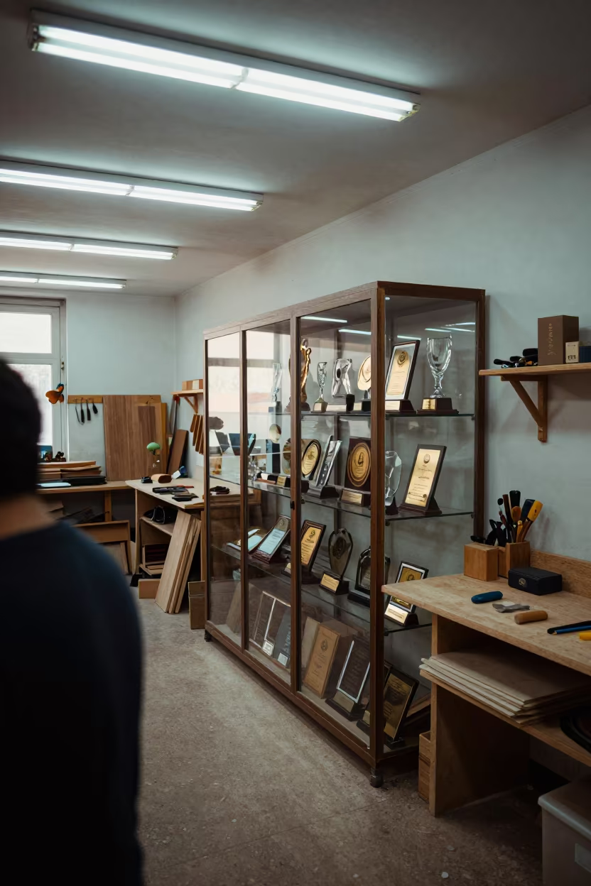 Woodshop Trophy Case Reflection Before Dawn in in a woodshop classroom near Isfahan
