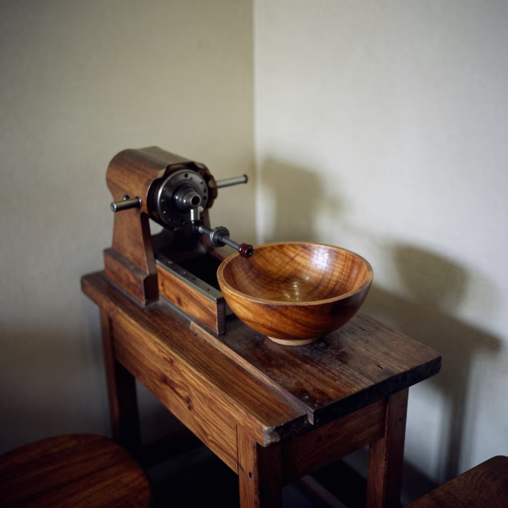 Woodturner Lathe Bowl on Cafe Table Jakarta in on a cafe table by a window in Glodok, Jakarta