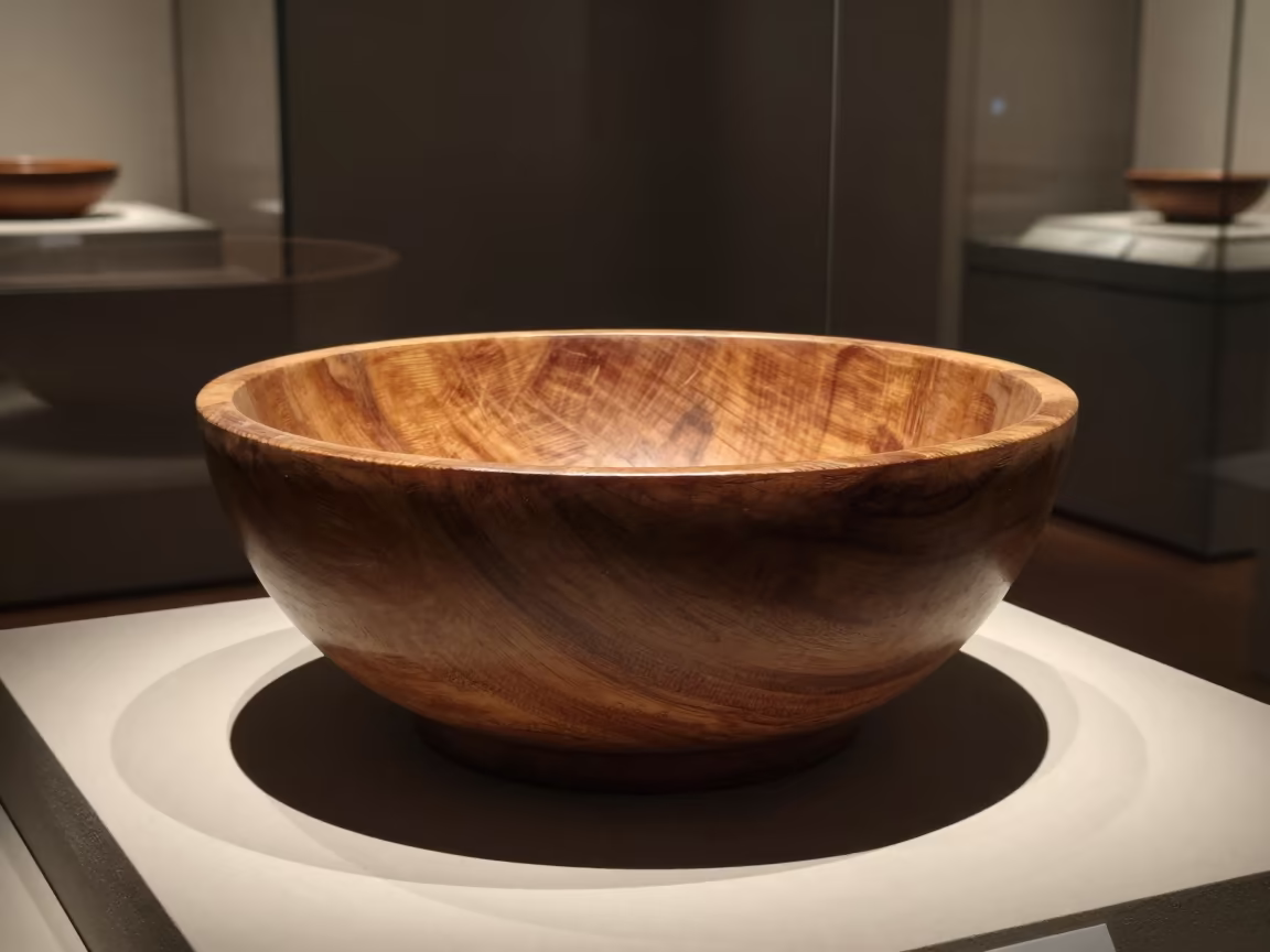 Woodturner Lathe Bowl Turin Museum Dawn in on a museum plinth in Turin