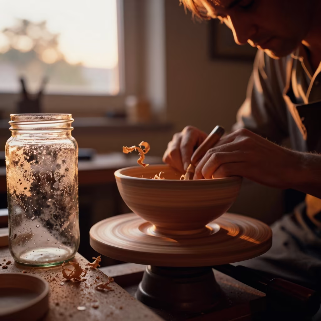 Woodturner Shapes Bowl in Amber Sunset Light in on a workshop shelf in Leopoldstadt, Vienna