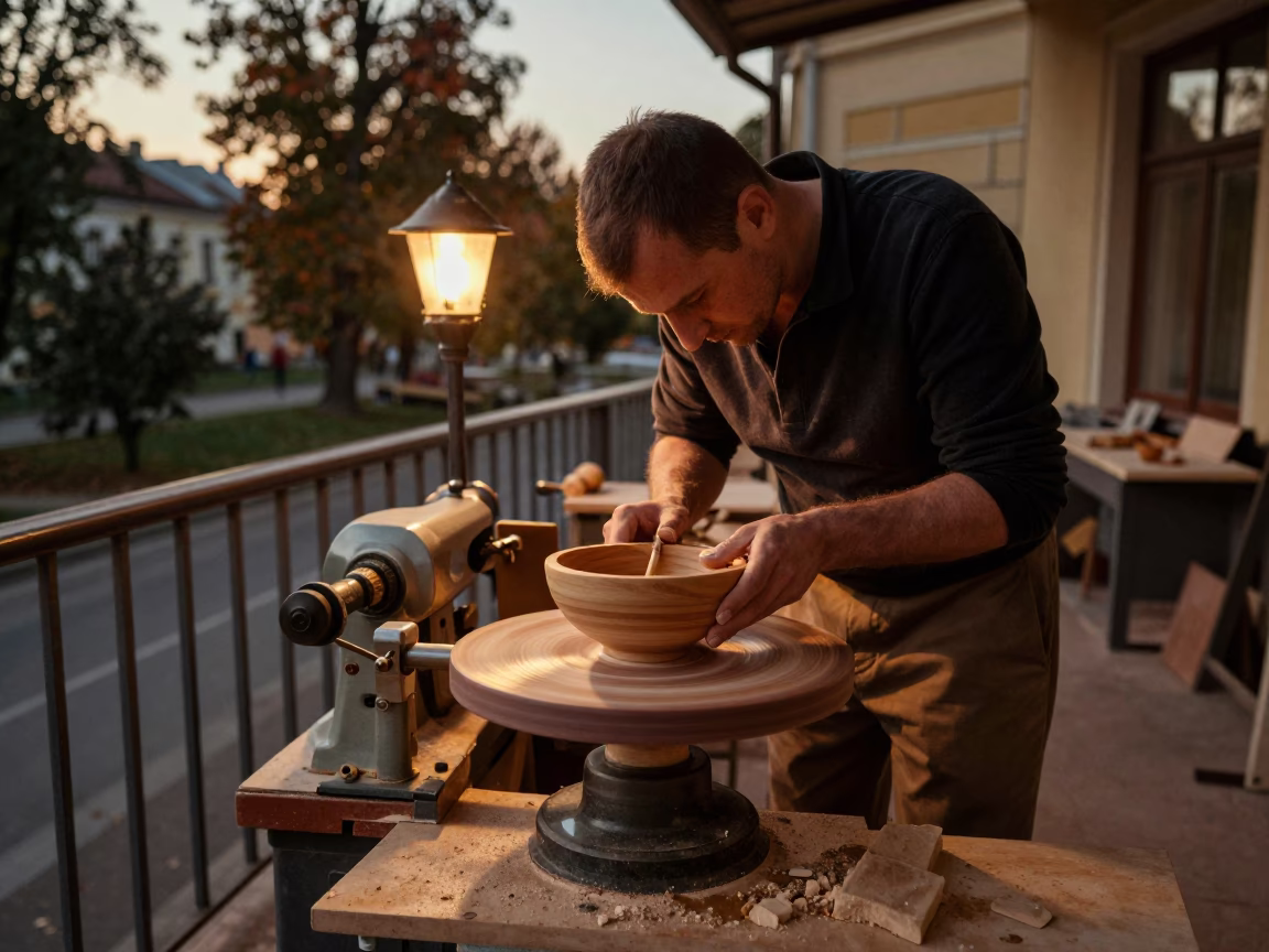 Woodturner Shapes Bowl on Pier Railing Near Lviv in on a pier railing near Lviv