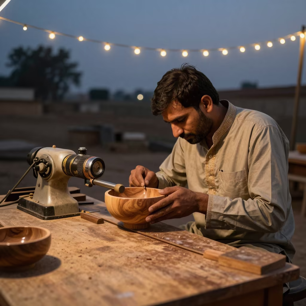 Woodturner Shaping Bowl at Twilight in on a writing desk in Dera Ghazi Khan