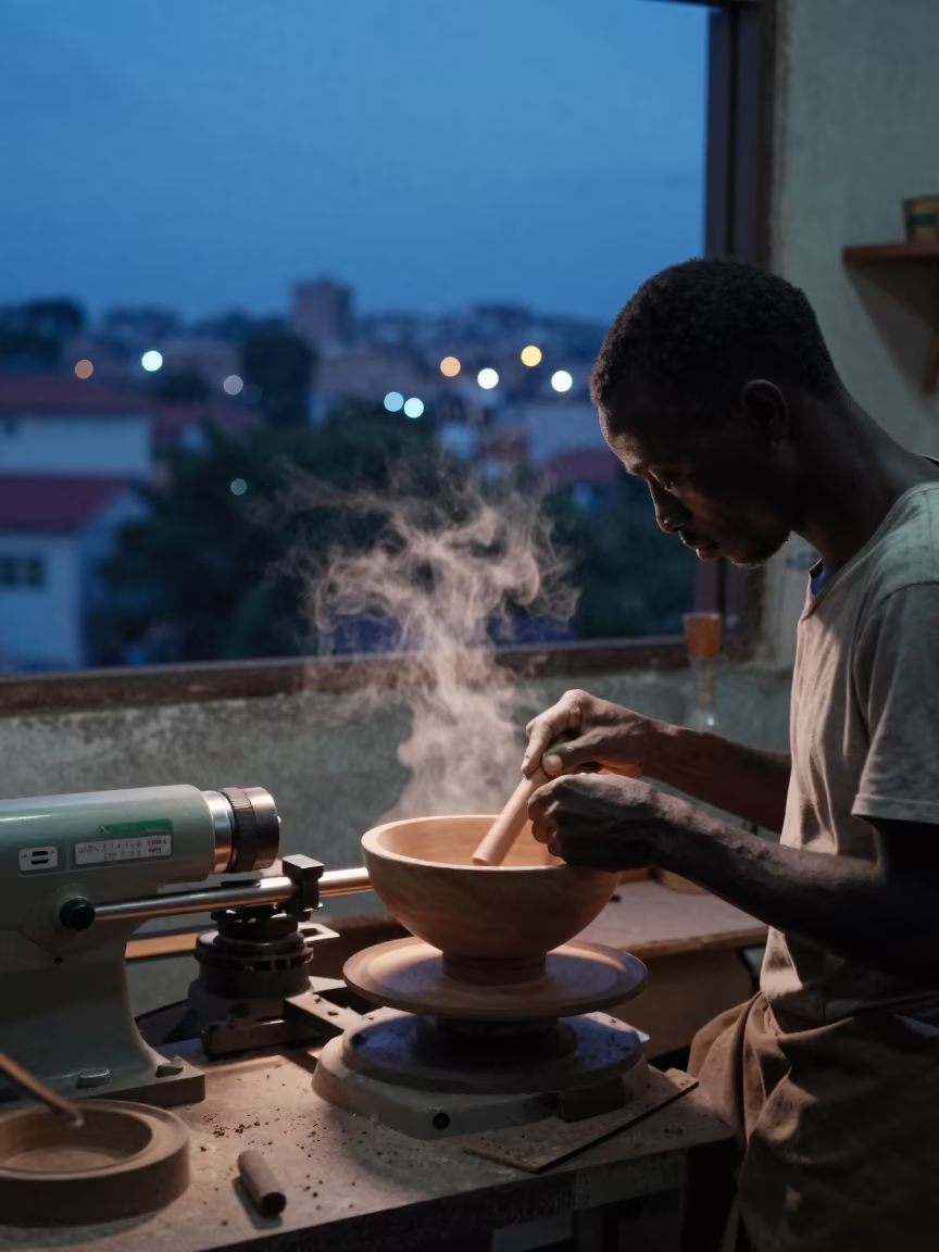 Woodturner Shaping Bowl on Pole Lathe in Nampula in on a museum plinth in Nampula