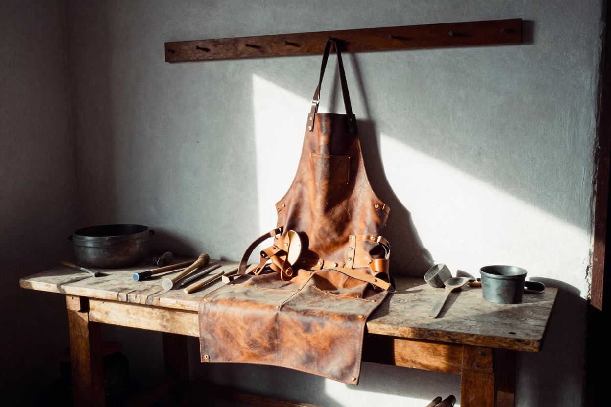 Woodworking bench with leather apron and tools in Oaxaca workshop in in Oaxaca, Mexico