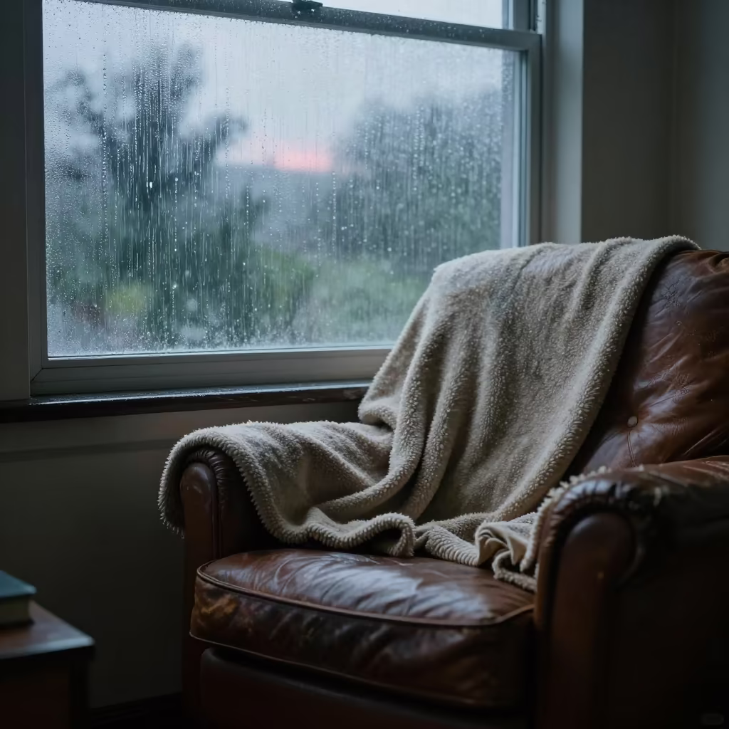 Wool Blanket on Leather Armchair in Rainy Dawn in on a worn leather armchair in İzmit