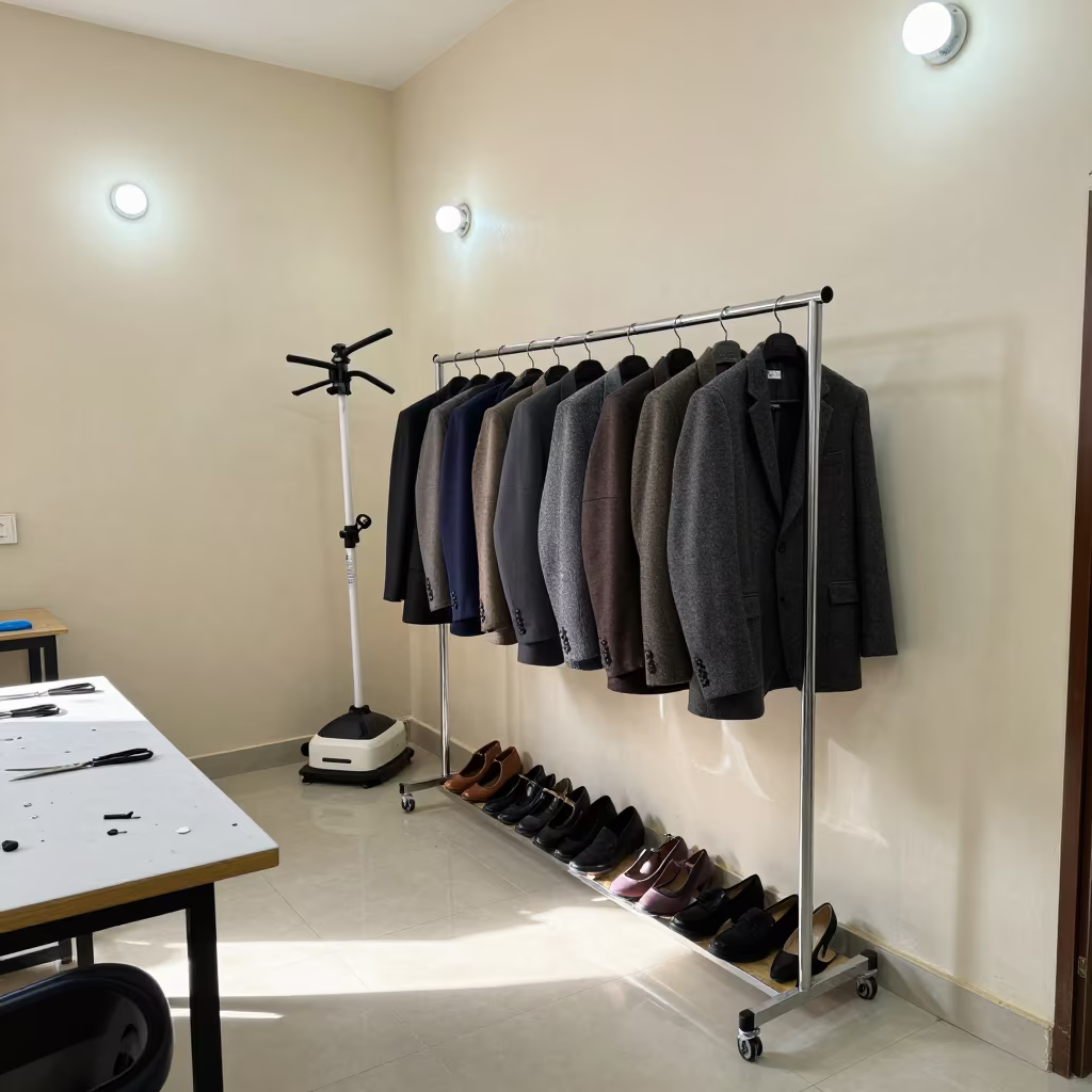 Wool Coats on Rack with Steamer in N'Djamena Shop in at a tailoring table strewn with chalk and shears in N'Djamena
