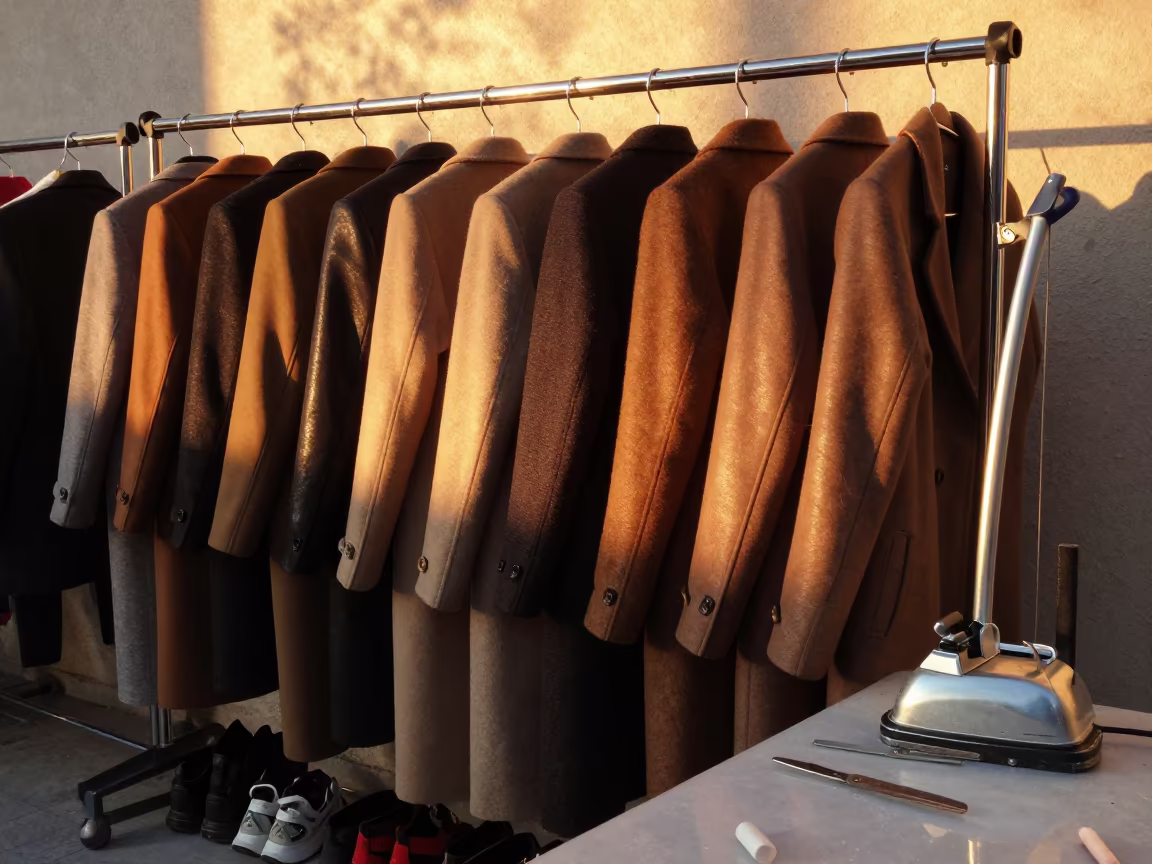 Wool Coats Tailoring Table Konya Evening in at a tailoring table strewn with chalk and shears in Konya
