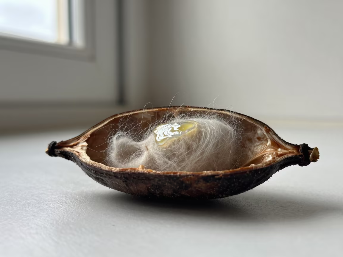 Wool Fiber Texture with Lanolin Sheen in Caracas Seed Pod in inside a seed pod split open in Caracas