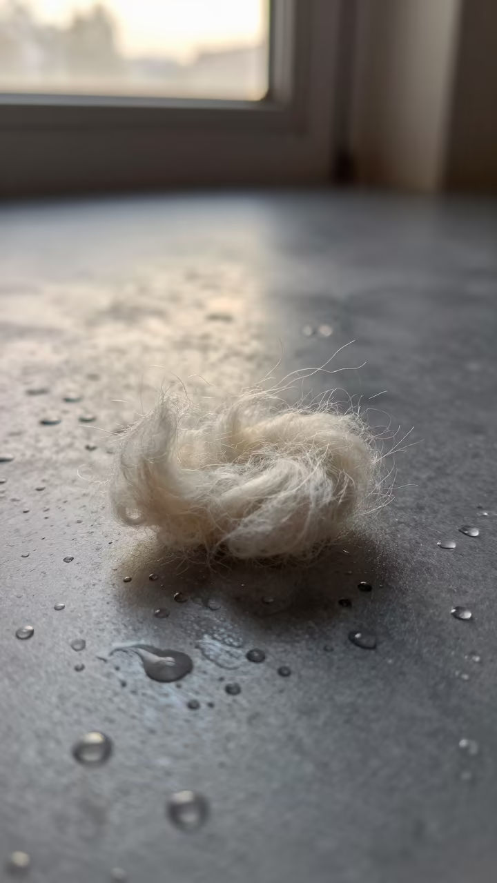 Wool Fiber Texture with Lanolin Sheen in across a rain-beaded metal surface in Płock