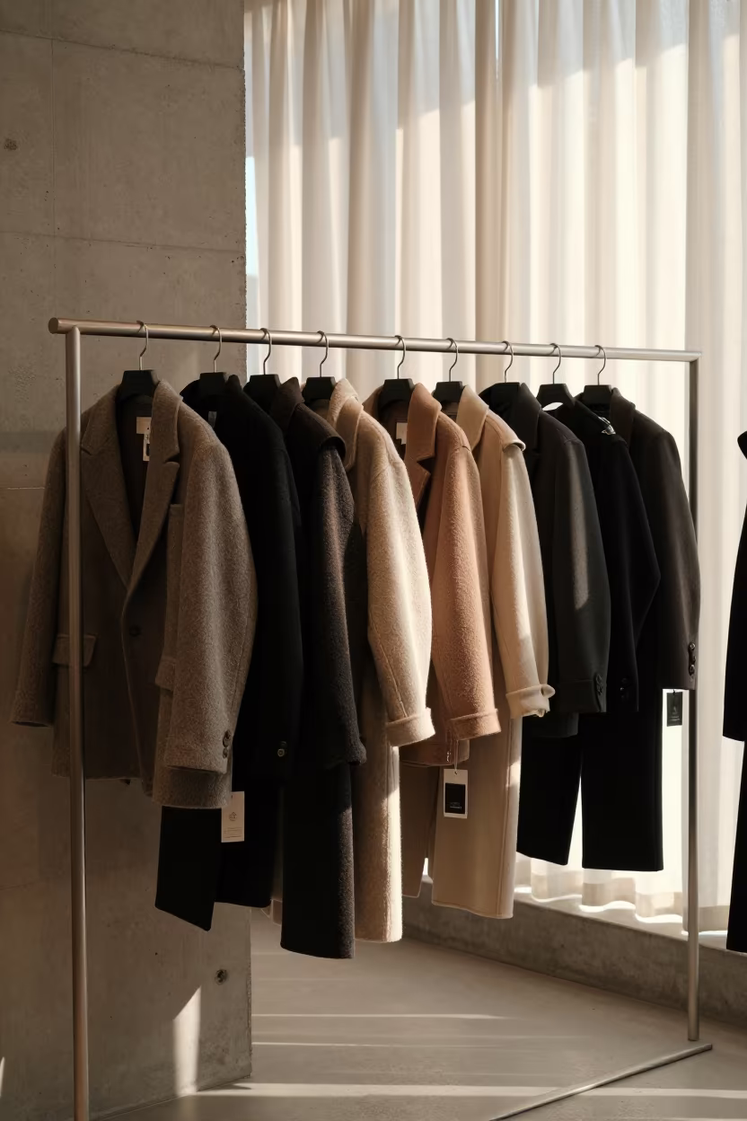 Wool Outerwear on Rack in Arish Showroom in under runway rehearsal lights in Arish