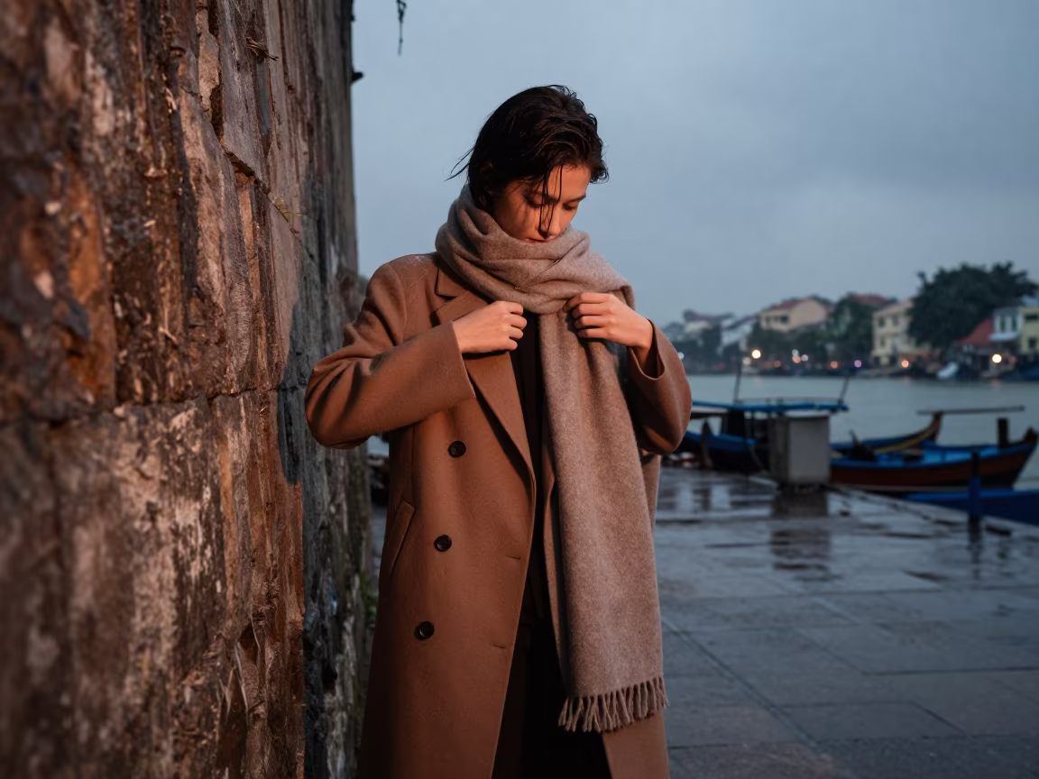 Wool Scarf Pin Against Hanoi Harbor Wall in against a wind-beaten harbor wall in Hanoi