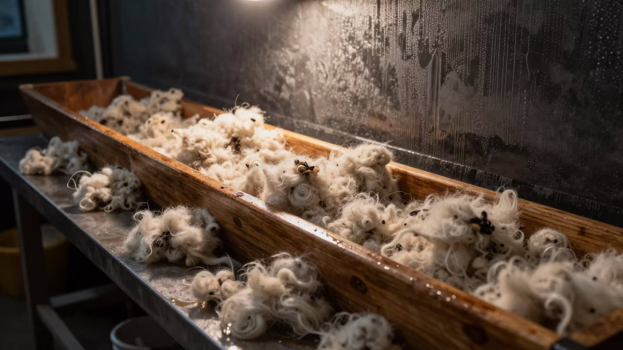 Wool Scouring Troughs in Late Night Canterbury in on a wooden workbench in Canterbury