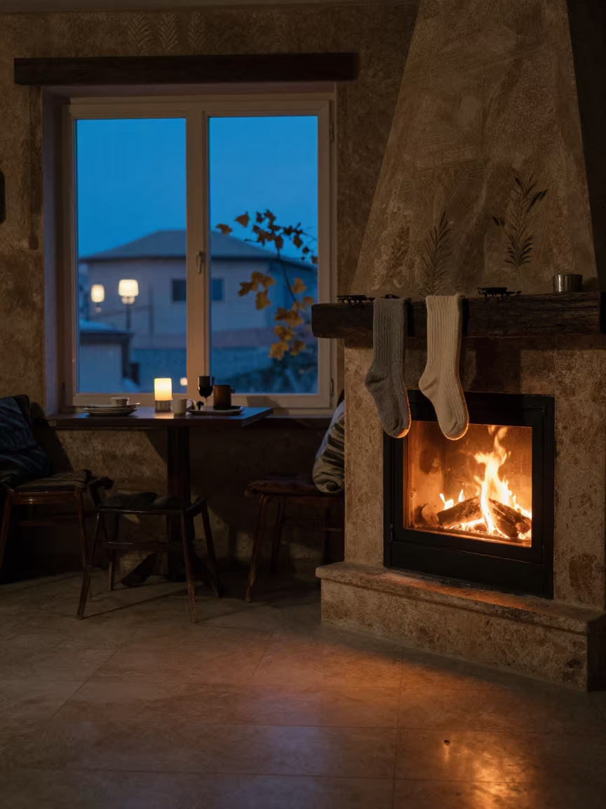 Wool Socks Drying by Fireplace in Kayseri Nook in in a breakfast nook near Kayseri