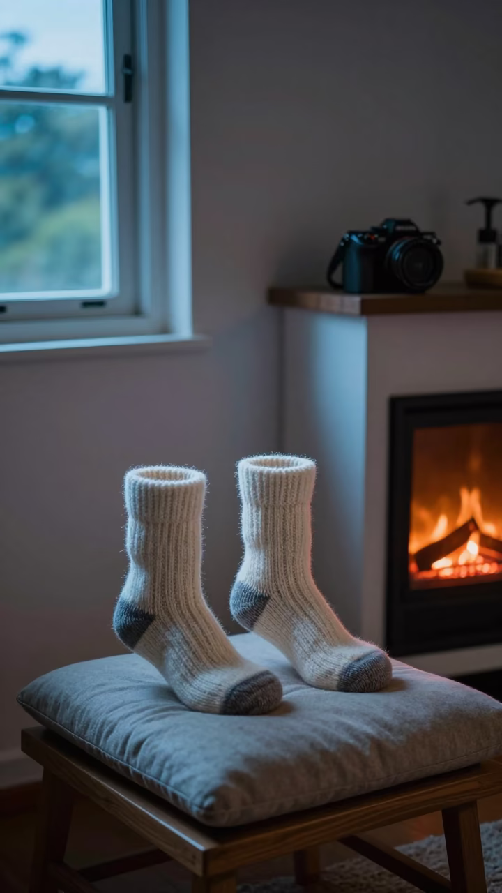 Wool Socks Drying by Fireplace in Recife Twilight in on a reading nook cushion in Recife