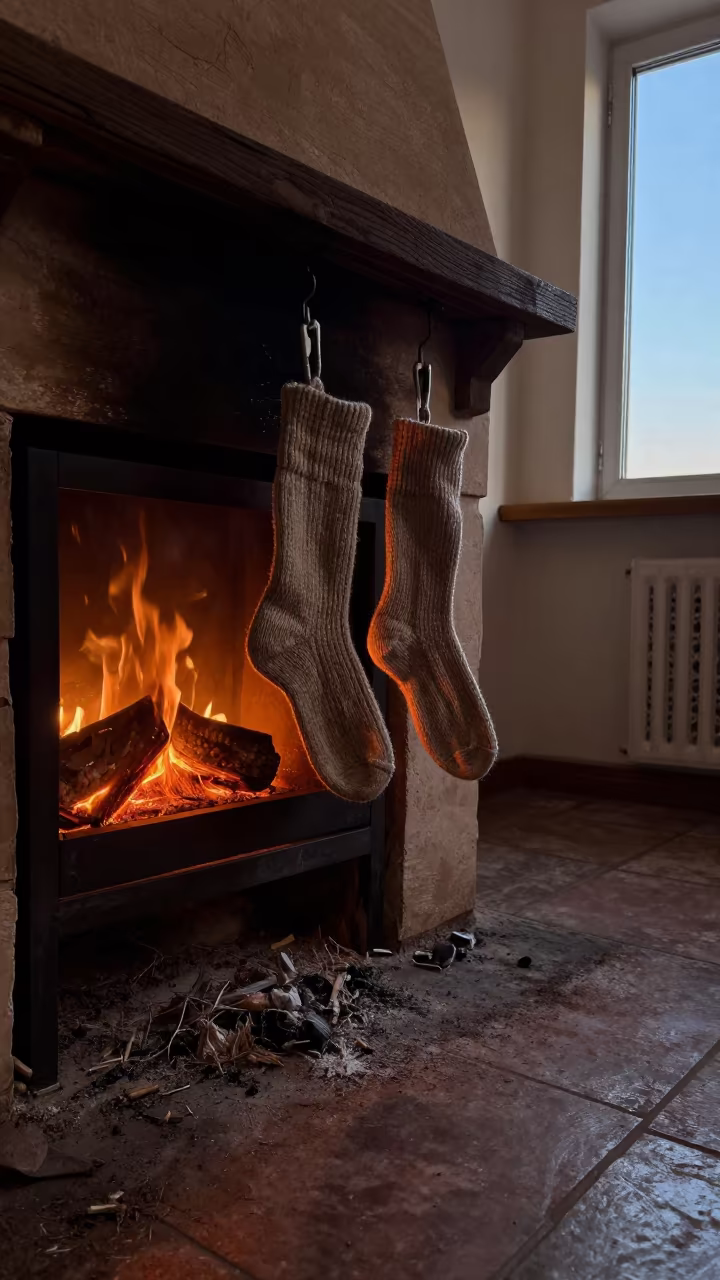 Wool Socks Drying by Tashkent Fireplace in by a crackling fireplace in Tashkent