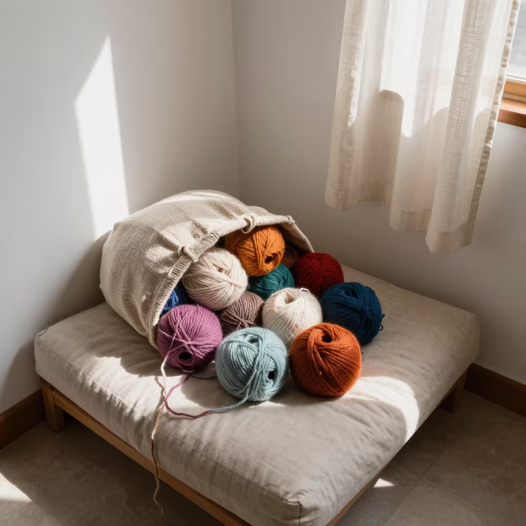 Wool Spilling from Bag on Window Bench in on a reading nook cushion in San Cristóbal de La Laguna