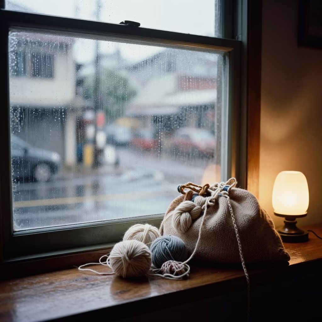 Wool Spilling From Knitting Bag In Quezon City in beside a rain-streaked window in Quezon City