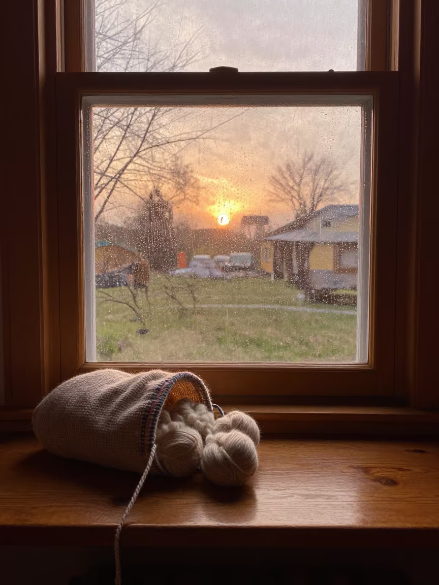 Wool Spilling from Knitting Bag on Window Bench in beside a rain-streaked window in Desouk